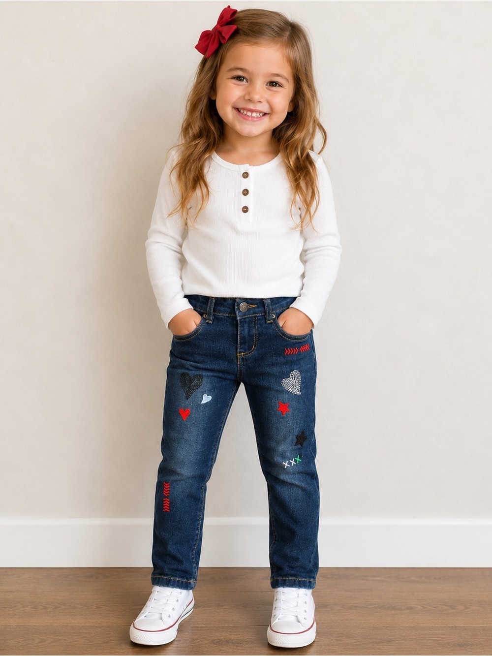 Girls' DIY Embroidered Dark Blue Embroidered Stretch Jeans